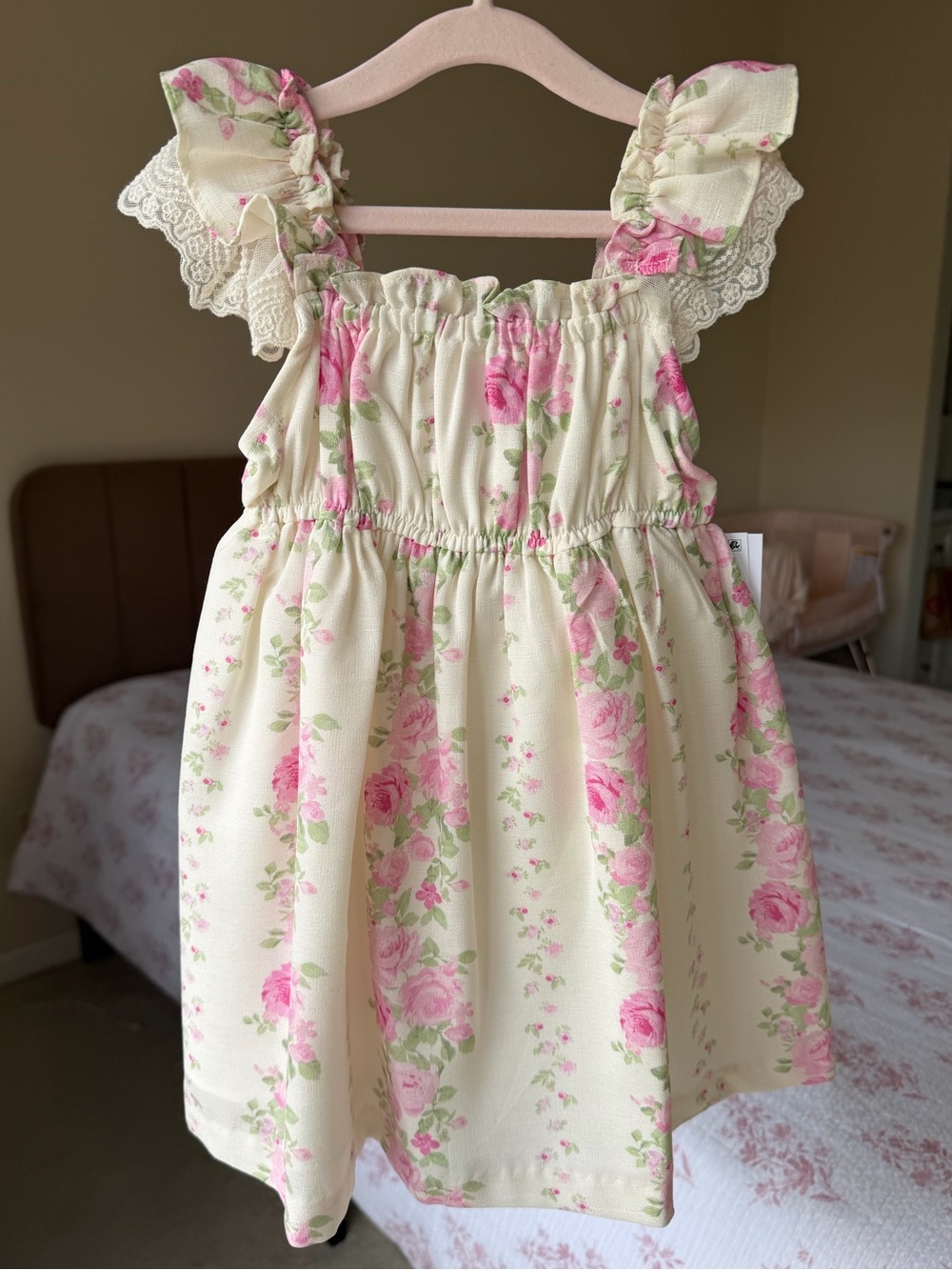 Bonnie Baby Cream Dress with Pink Rose Print and Lace Ruffles